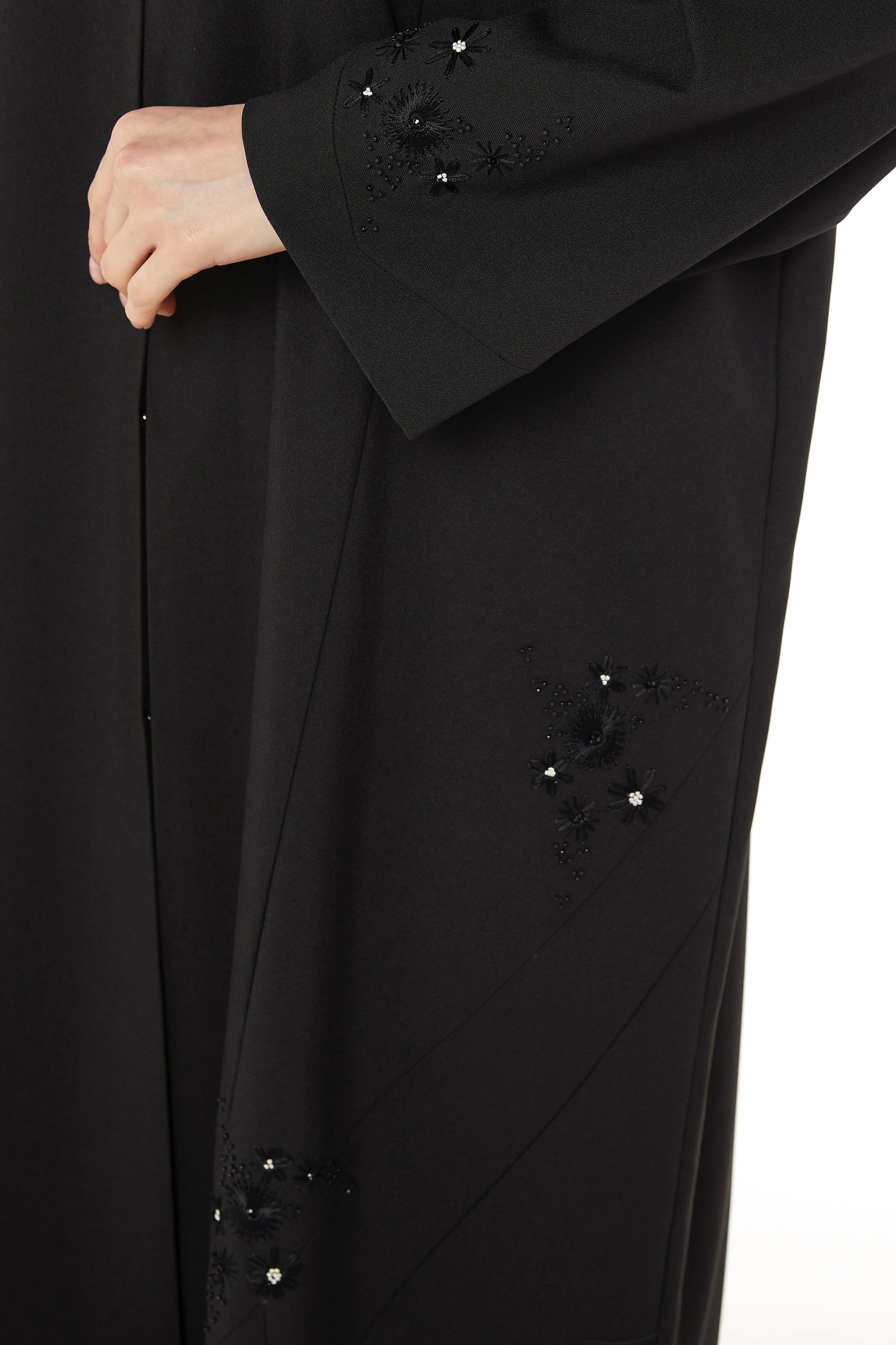 Black Kadi Crepe with Bead and Thread Work on Sides - Posh Abaya
