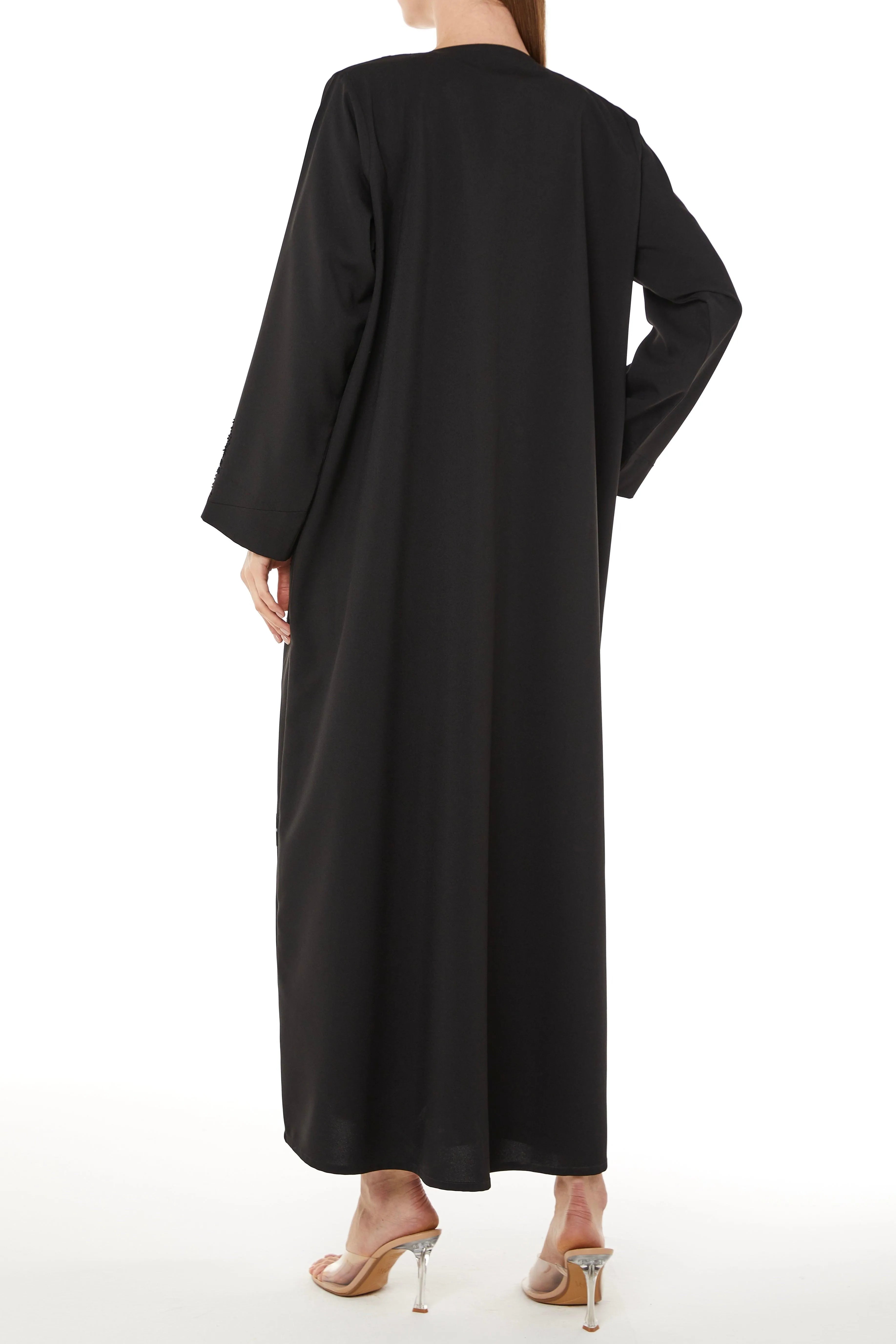 Black Kadi Crepe with Bead and Thread Work on Sides - Posh Abaya