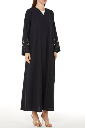 Black Cool Crepe with Floral Embriodery on Sleeves - Posh Abaya