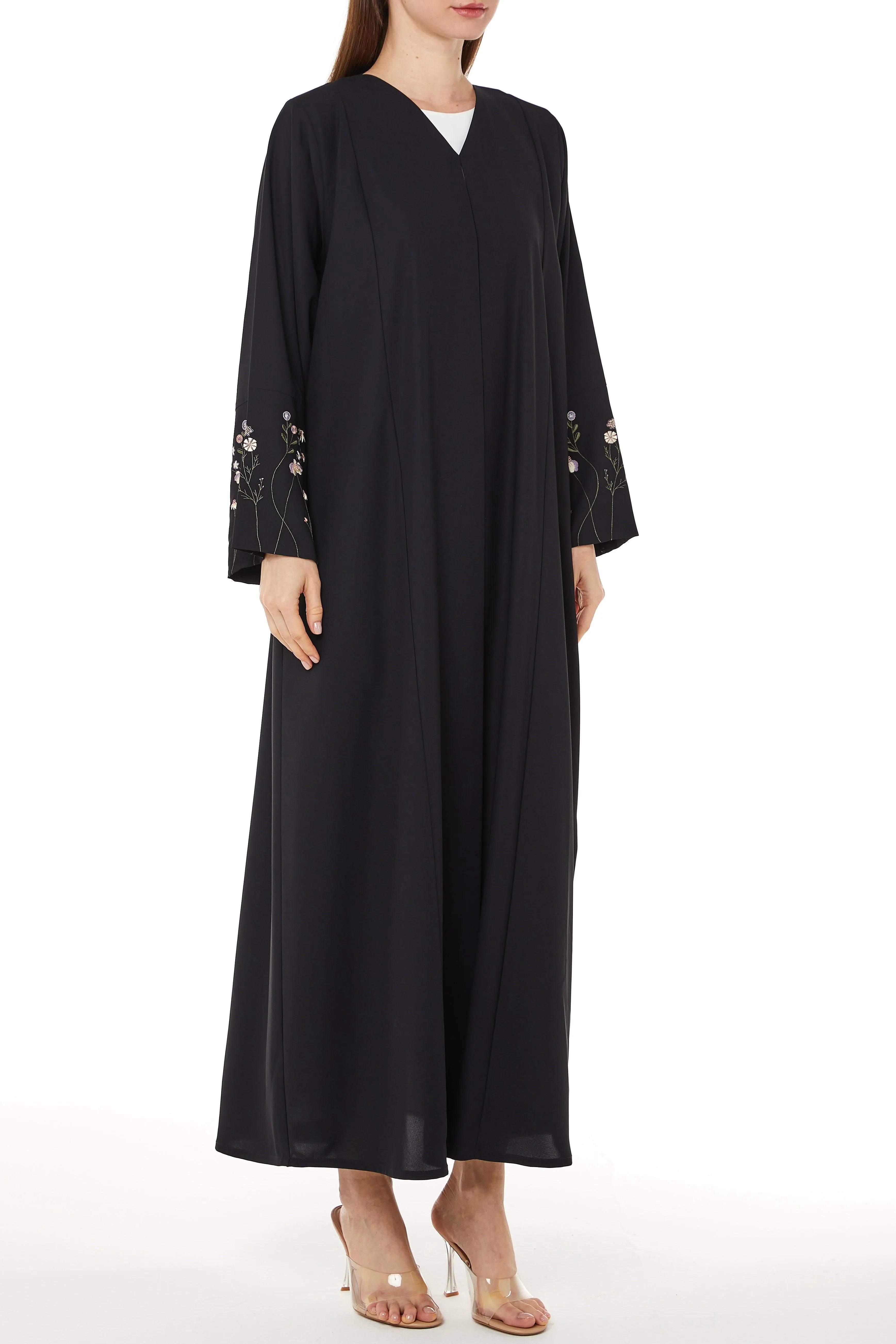 Black Cool Crepe with Floral Embriodery on Sleeves - Posh Abaya