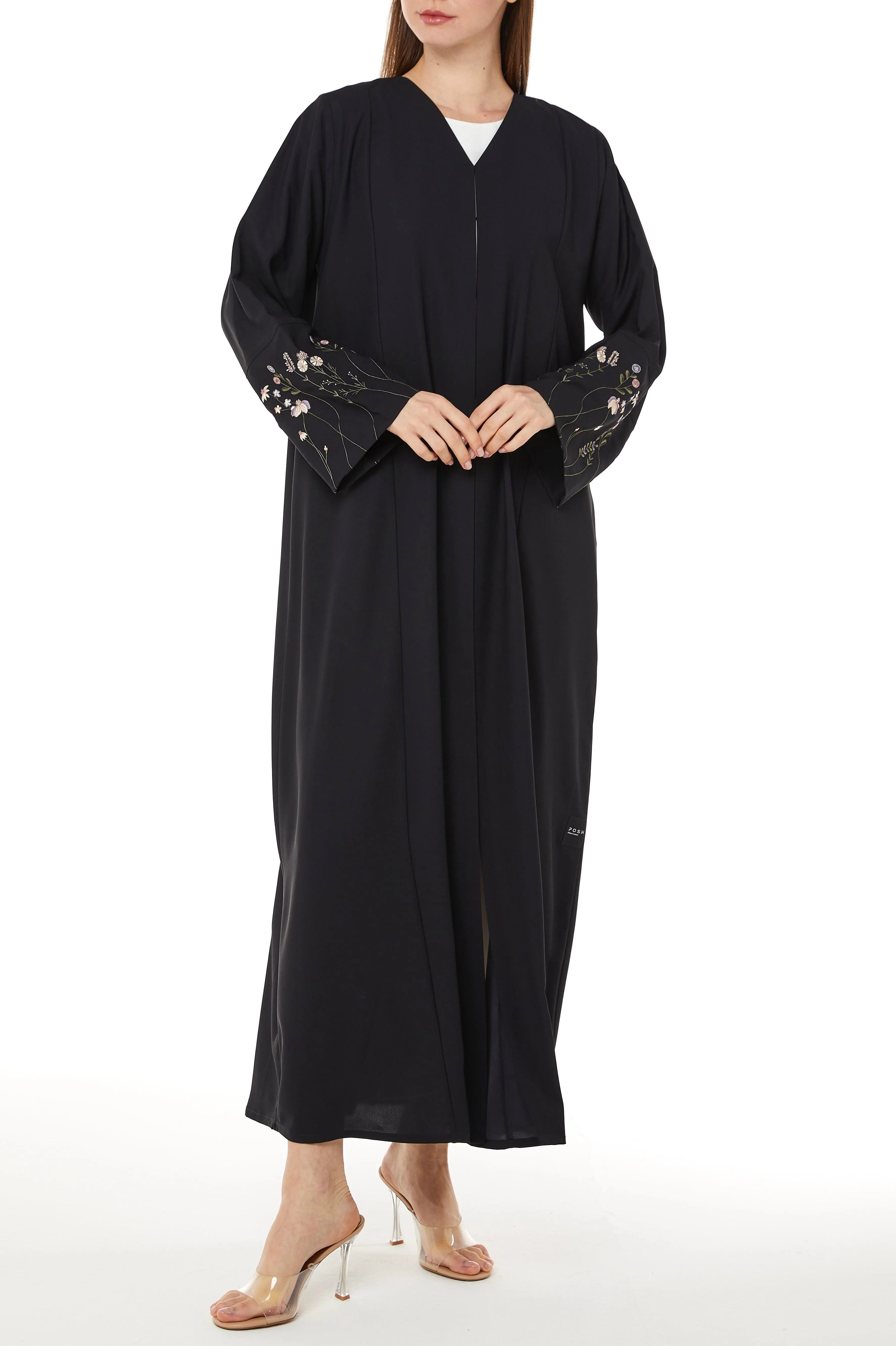 Black Cool Crepe with Floral Embriodery on Sleeves - Posh Abaya