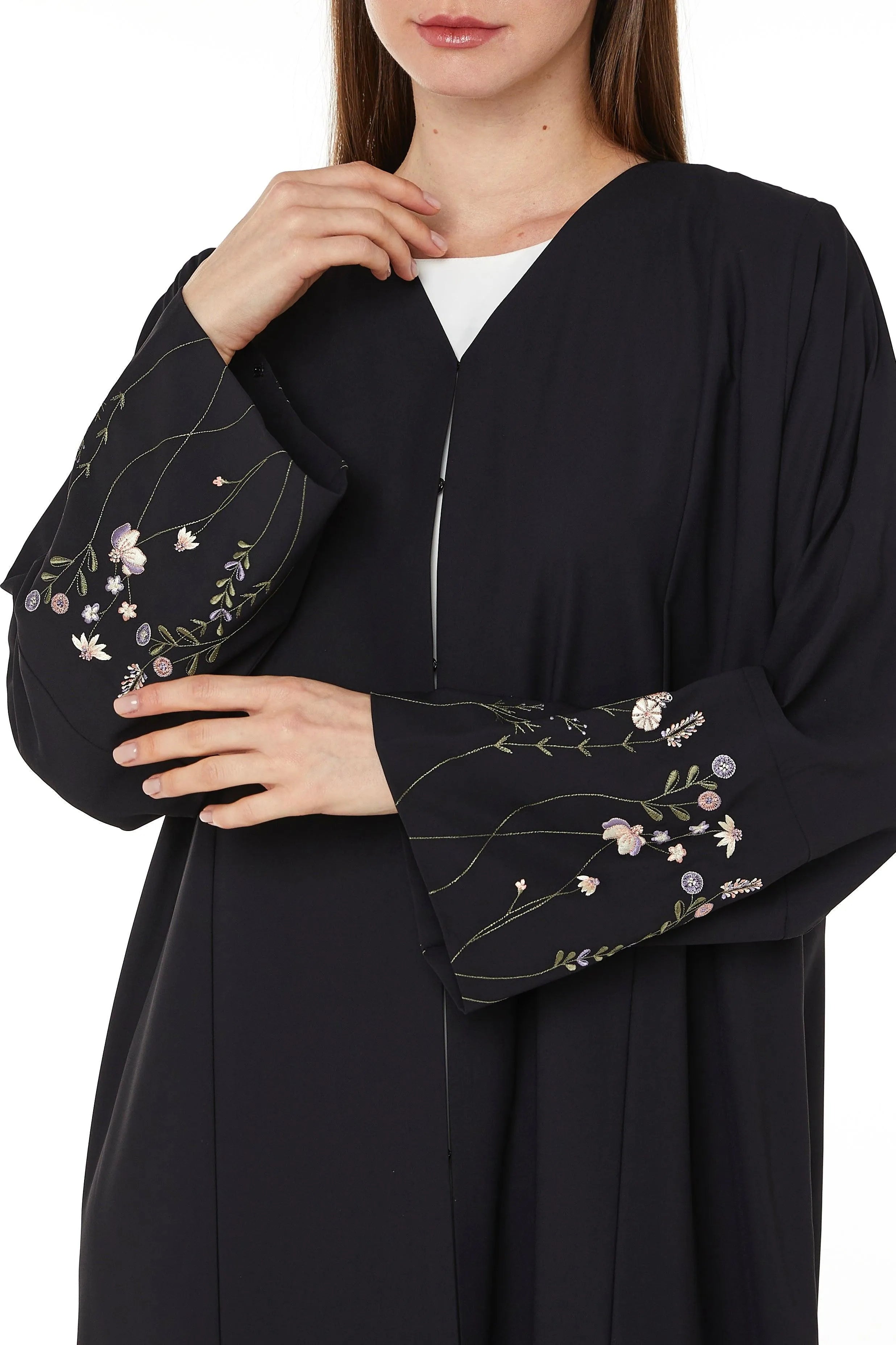 Black Cool Crepe with Floral Embriodery on Sleeves - Posh Abaya