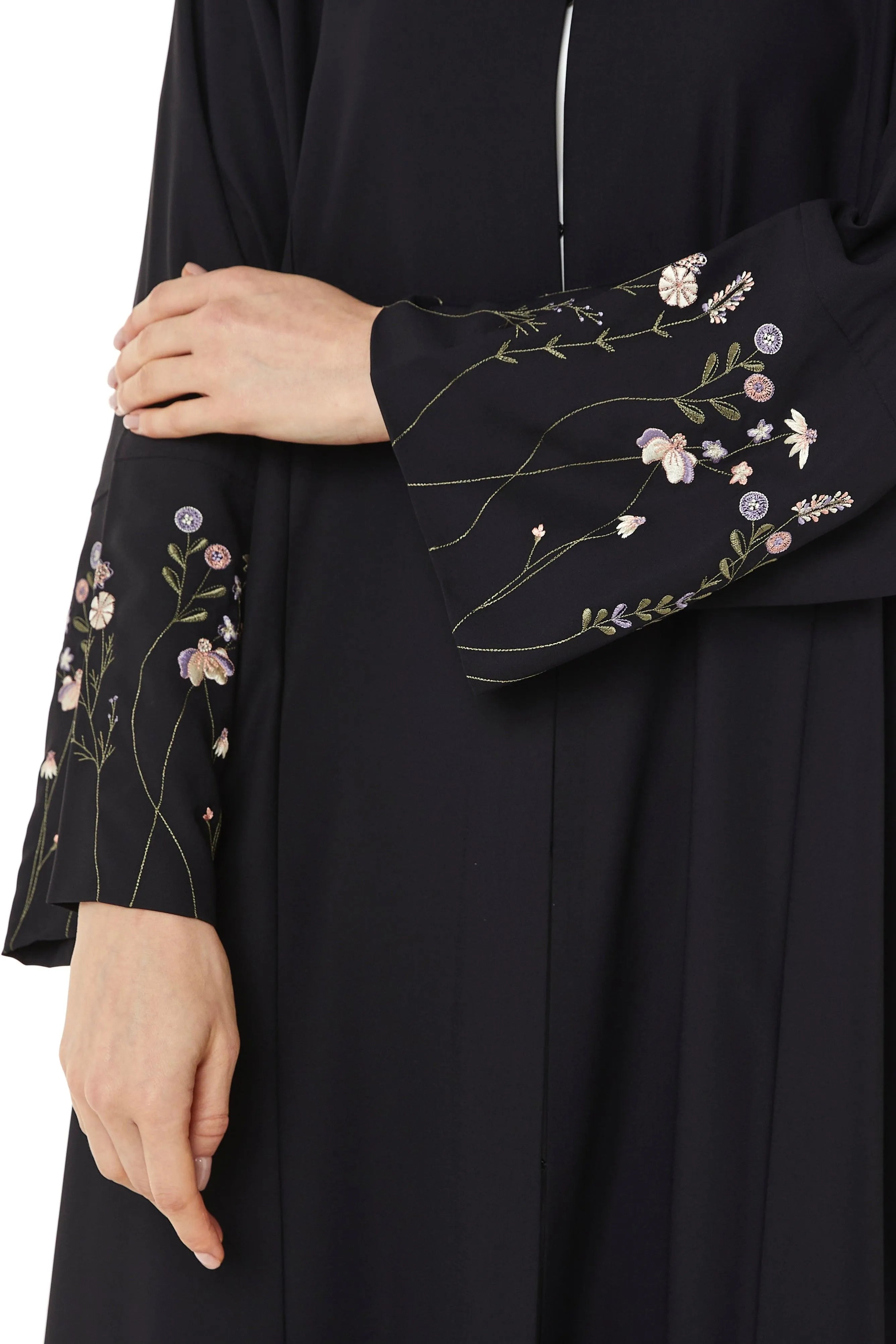 Black Cool Crepe with Floral Embriodery on Sleeves - Posh Abaya