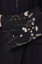 Black Cool Crepe with Floral Embriodery on Sleeves - Posh Abaya