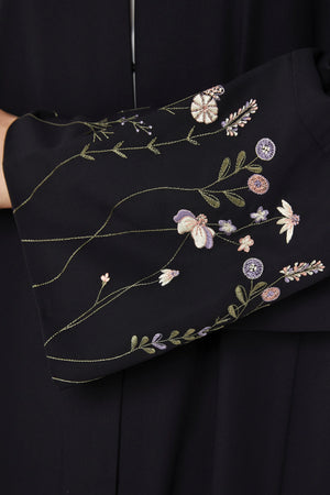 Black Cool Crepe with Floral Embriodery on Sleeves - Posh Abaya