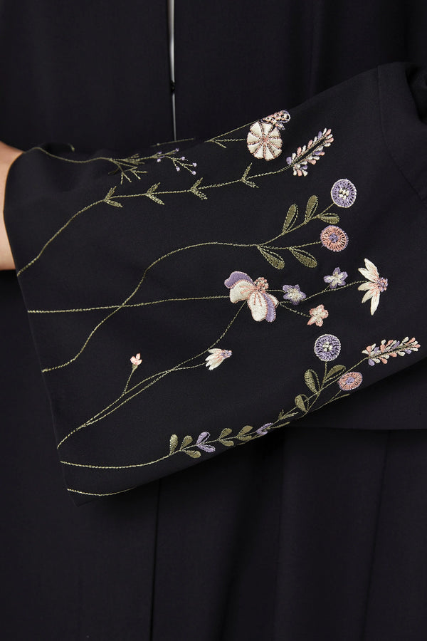 Black Cool Crepe with Floral Embriodery on Sleeves - Posh Abaya