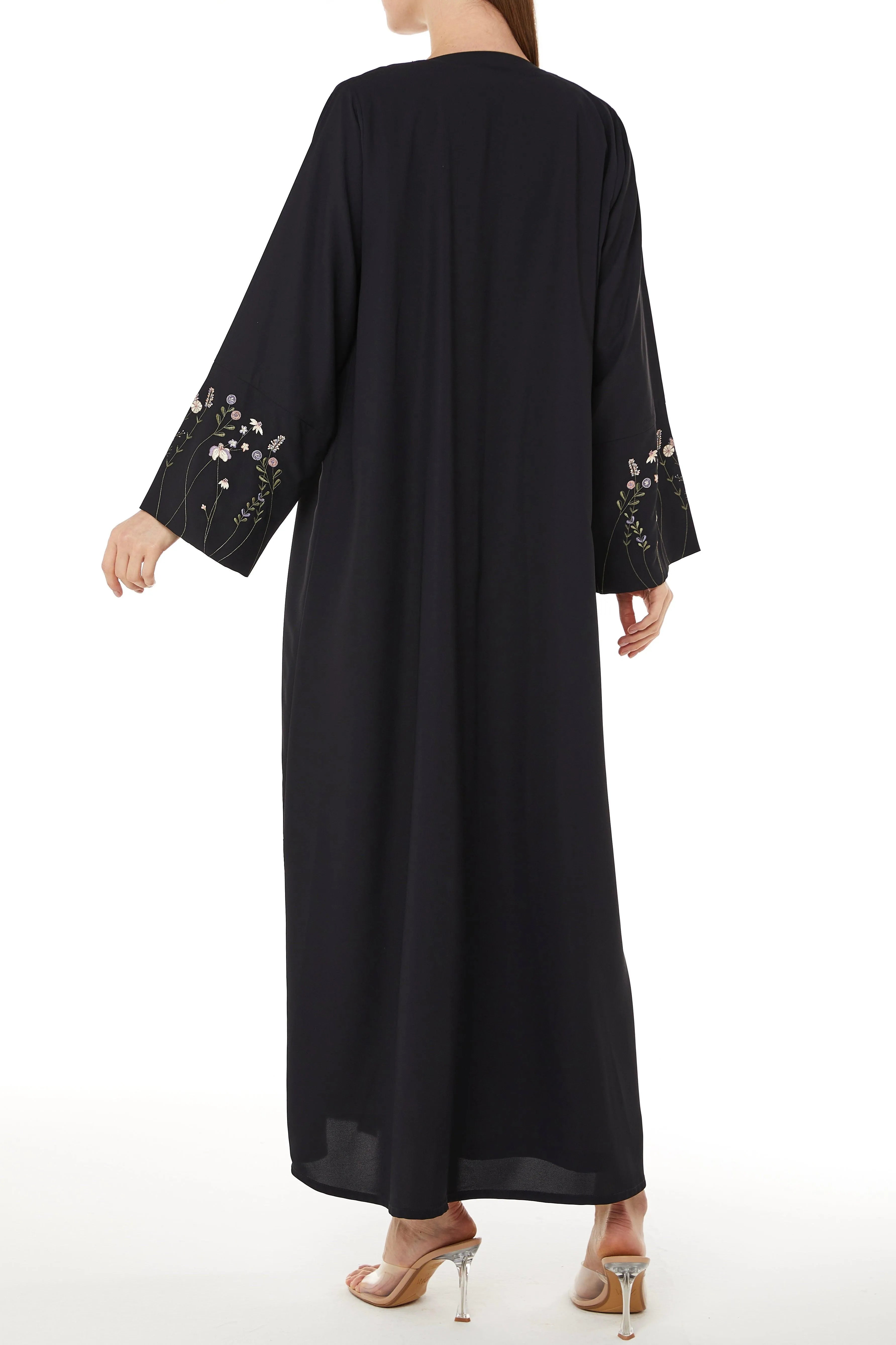 Black Cool Crepe with Floral Embriodery on Sleeves - Posh Abaya