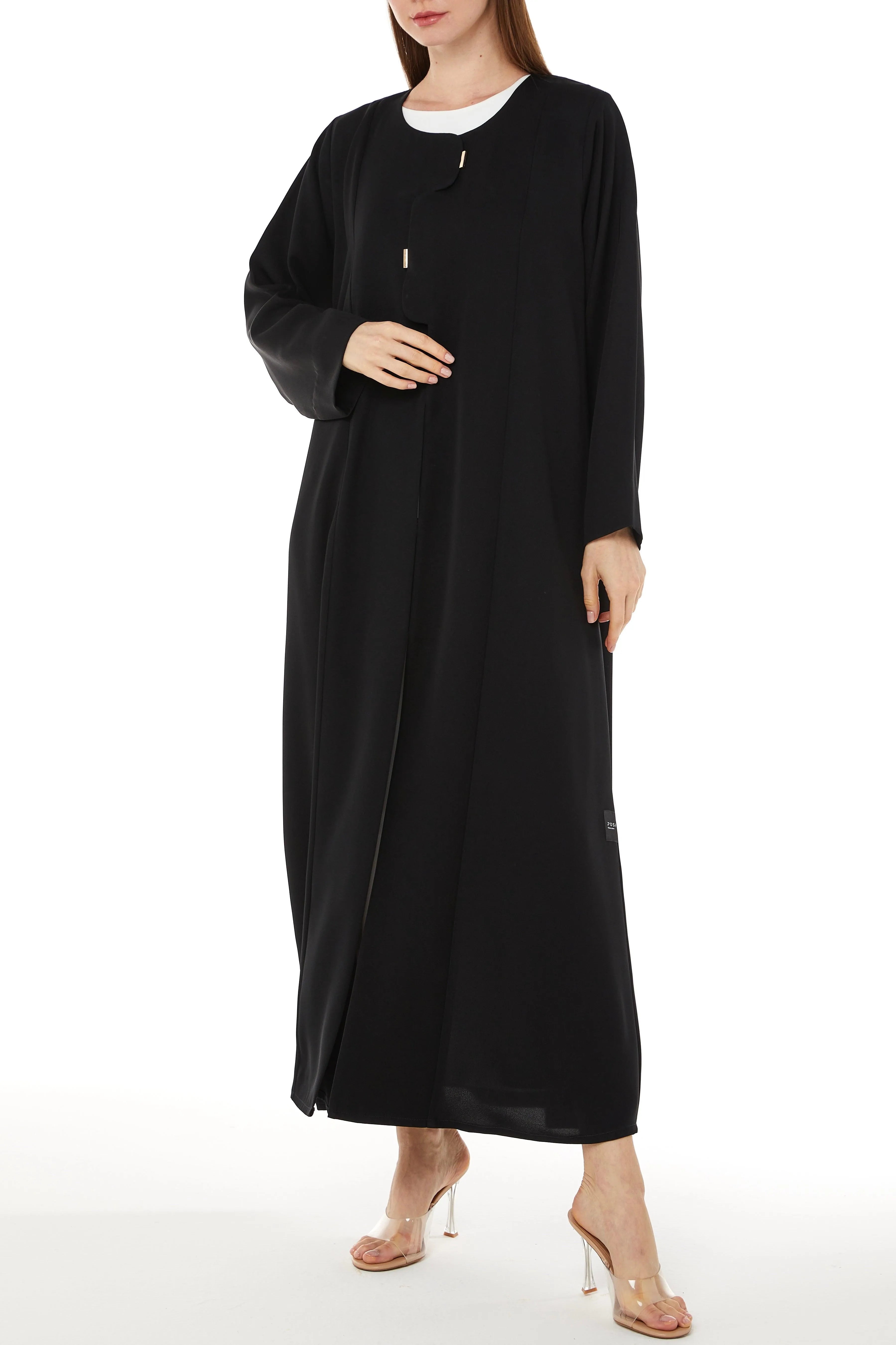 Black Farasha Crepe Abaya with Front Overlap and Cut - Posh Abaya