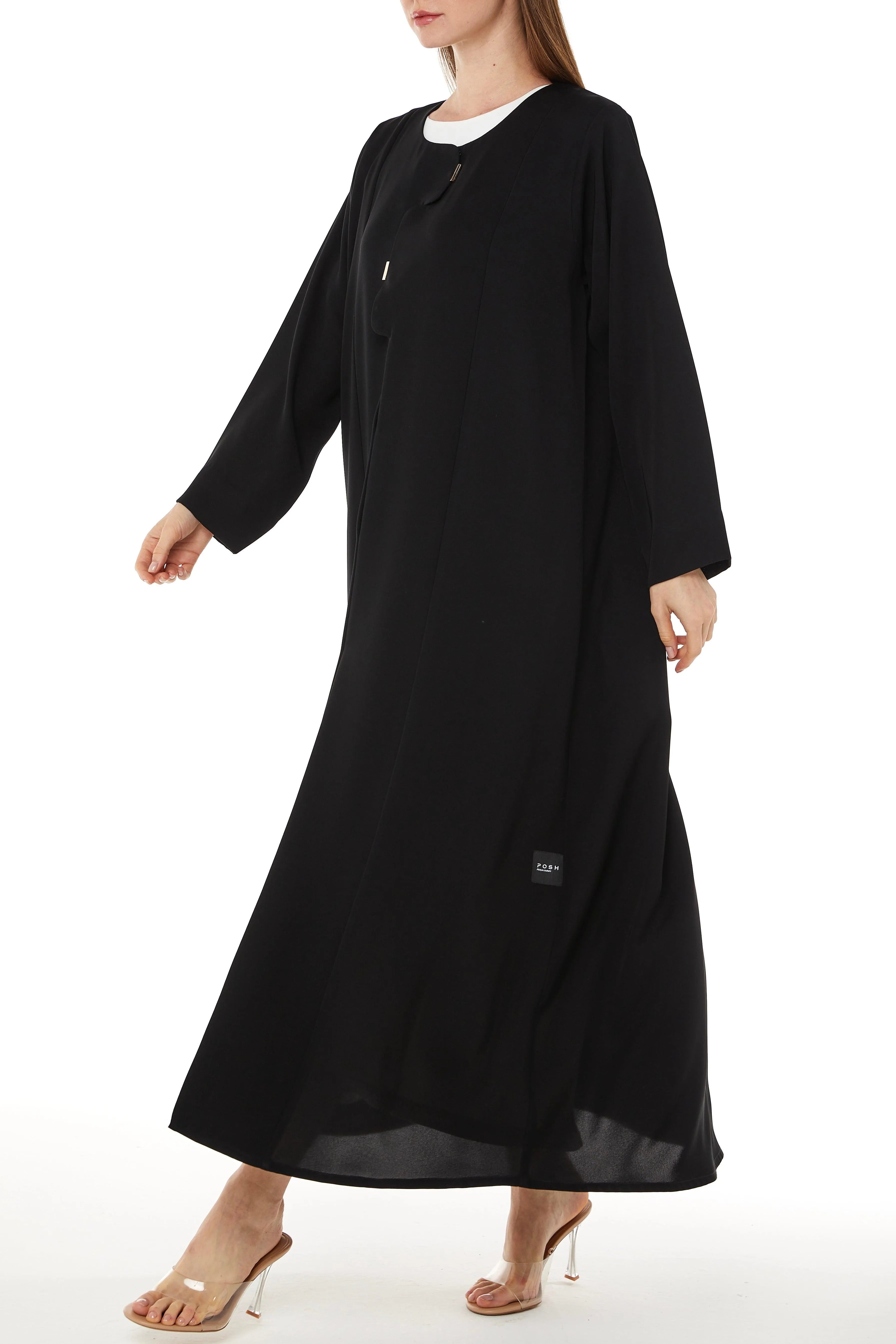 Black Farasha Crepe Abaya with Front Overlap and Cut - Posh Abaya