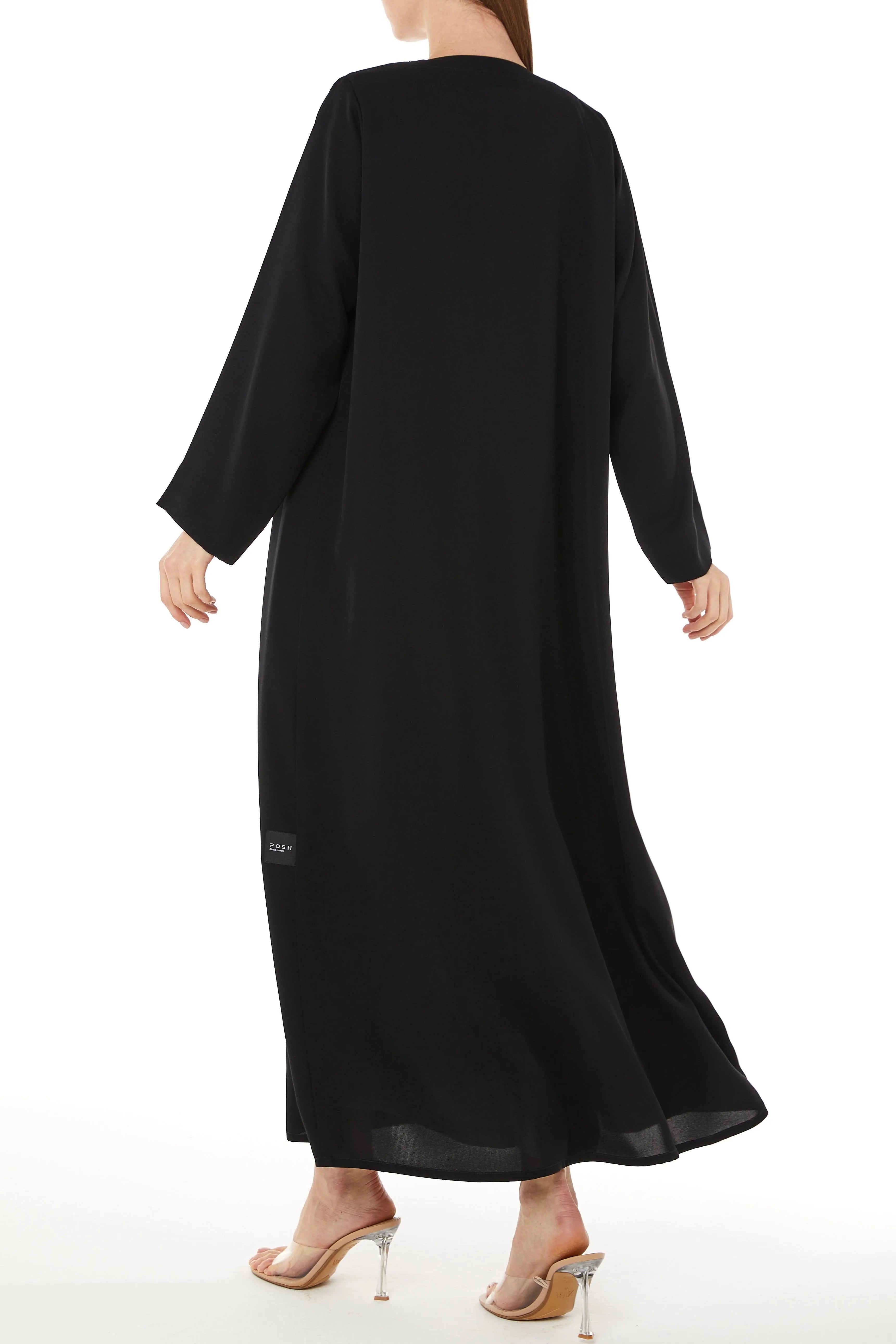 Black Farasha Crepe Abaya with Front Overlap and Cut - Posh Abaya