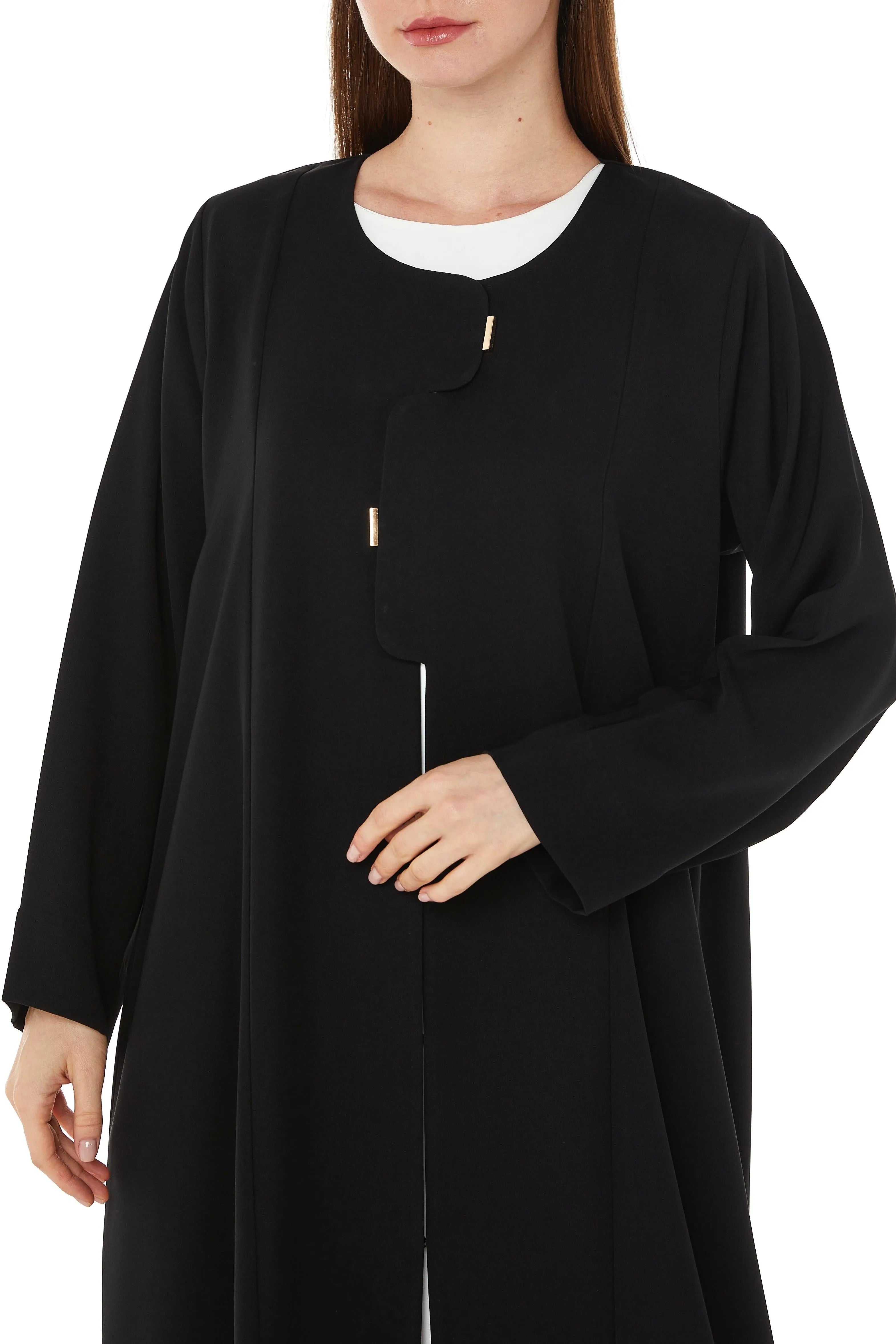 Black Farasha Crepe Abaya with Front Overlap and Cut - Posh Abaya