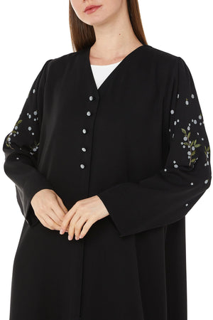 Black Farasha Crepe Custom Abaya with Floral Scattered Beadwork