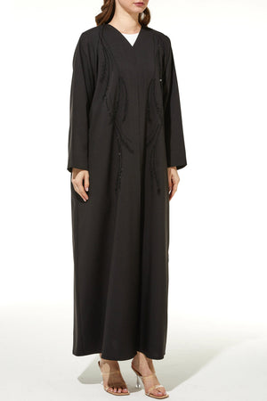 Black Classic Crepe Custom Abaya with Semi-Floral Beadwork