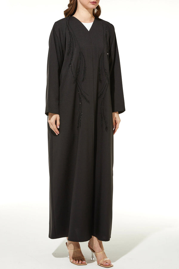 Black Classic Crepe Custom Abaya with Semi-Floral Beadwork