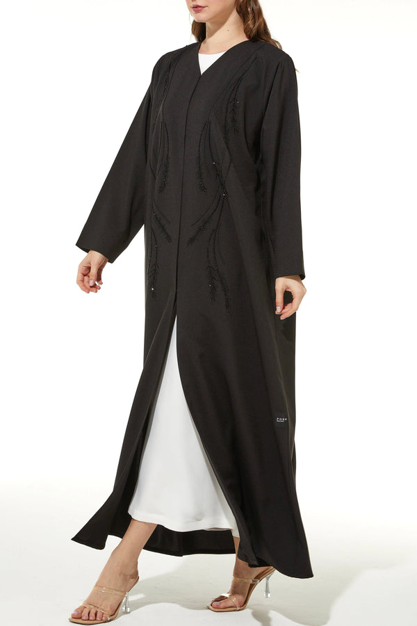 Black Classic Crepe Custom Abaya with Semi-Floral Beadwork