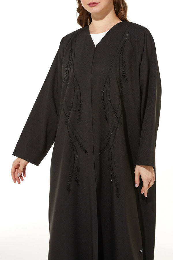Black Classic Crepe Custom Abaya with Semi-Floral Beadwork