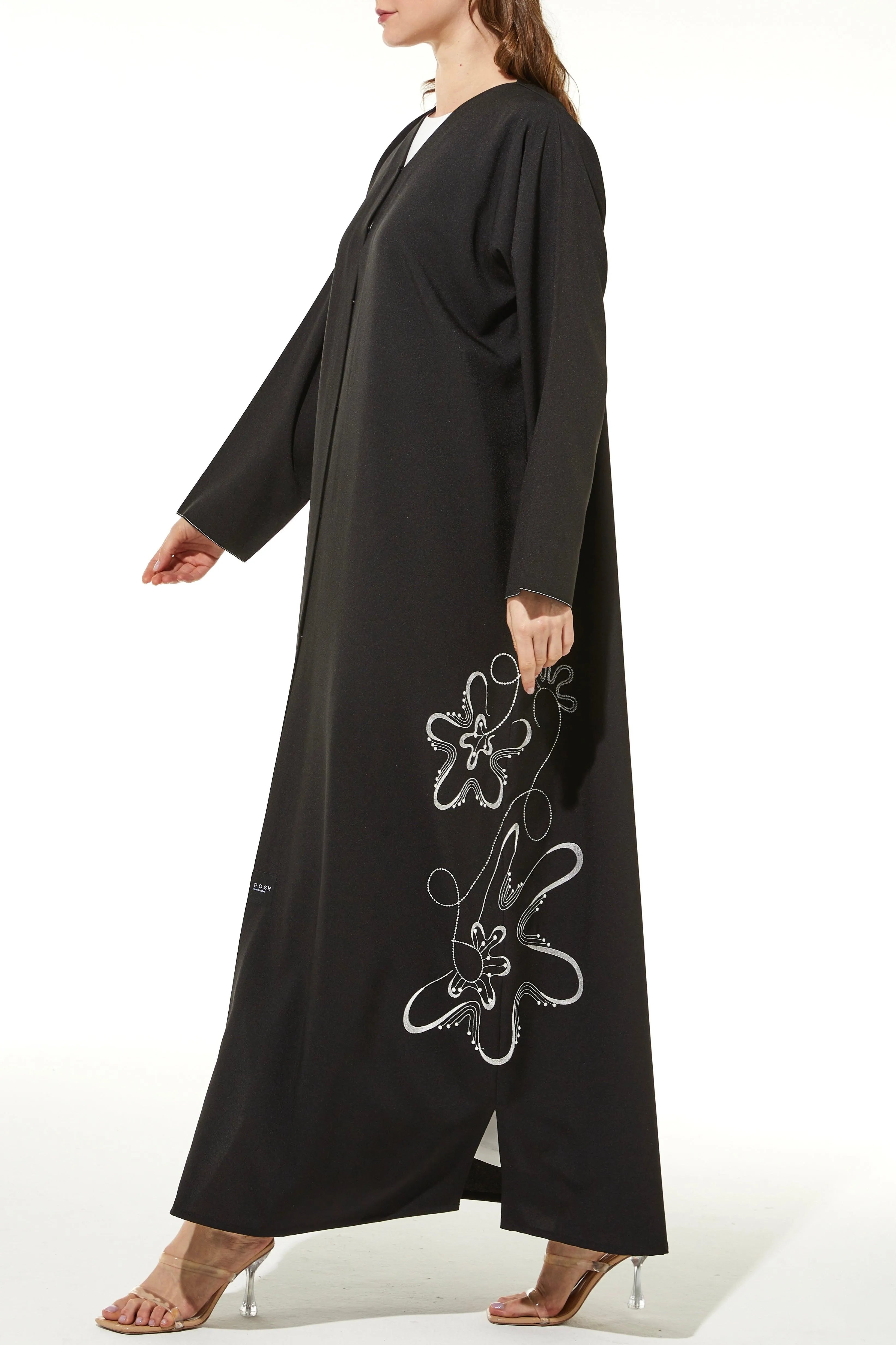 Black Kadi Crepe Abaya with Side Intricate Embroidery - Posh Abaya