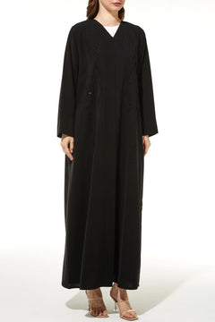 Black Milan Crepe Custom Abaya with Front Intricate Beadwork