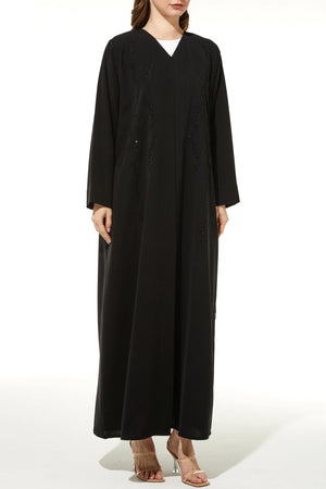 Black Milan Crepe Custom Abaya with Front Intricate Beadwork