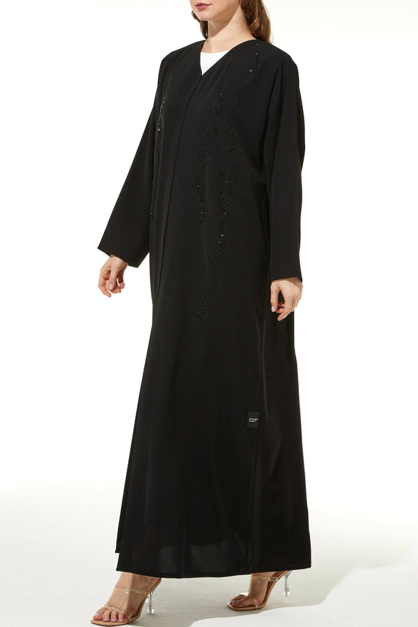 Black Milan Crepe Custom Abaya with Front Intricate Beadwork