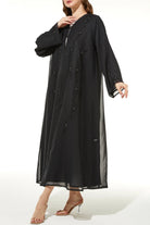 Black Organza Custom Abaya with Front Blossoms Beadwork - Posh Abaya