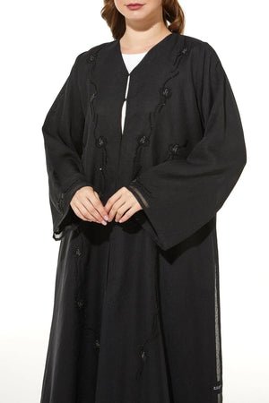 Black Organza Custom Abaya with Front Blossoms Beadwork