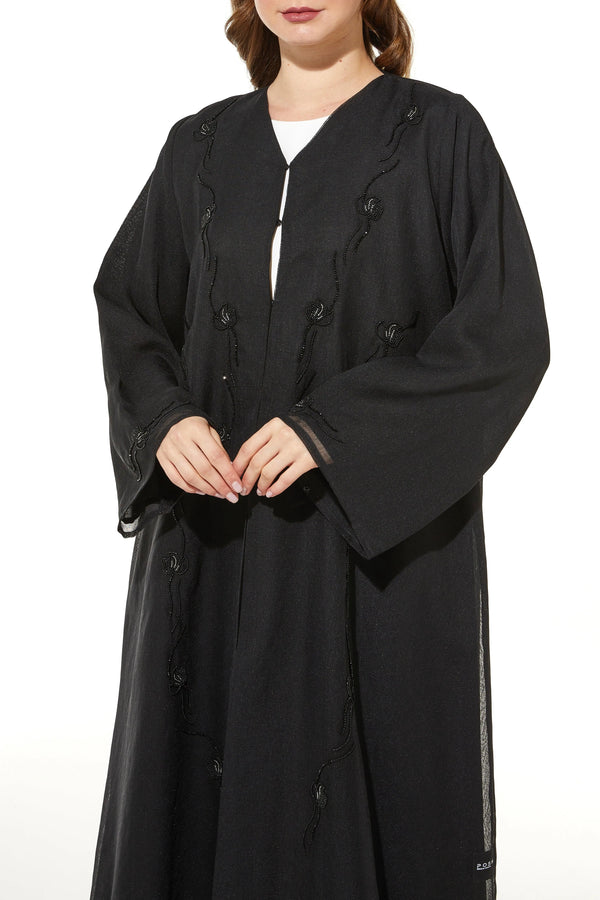 Black Organza Custom Abaya with Front Blossoms Beadwork