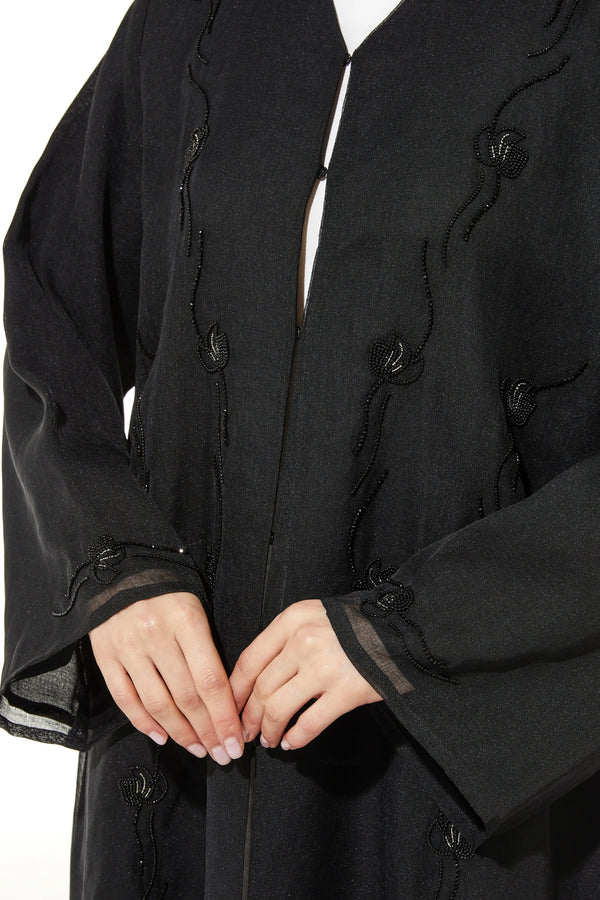Black Organza Custom Abaya with Front Blossoms Beadwork