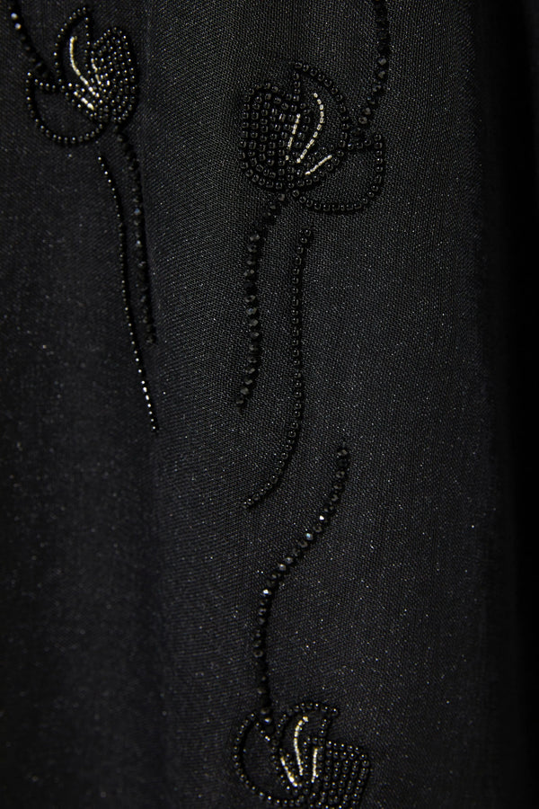 Black Organza Custom Abaya with Front Blossoms Beadwork