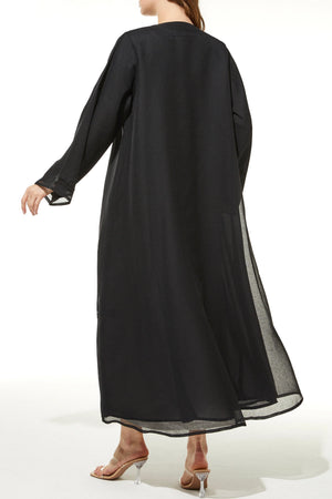 Black Organza Custom Abaya with Front Blossoms Beadwork