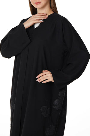 Black Aria Crepe Abaya with Side Satin Florals - Posh Abaya