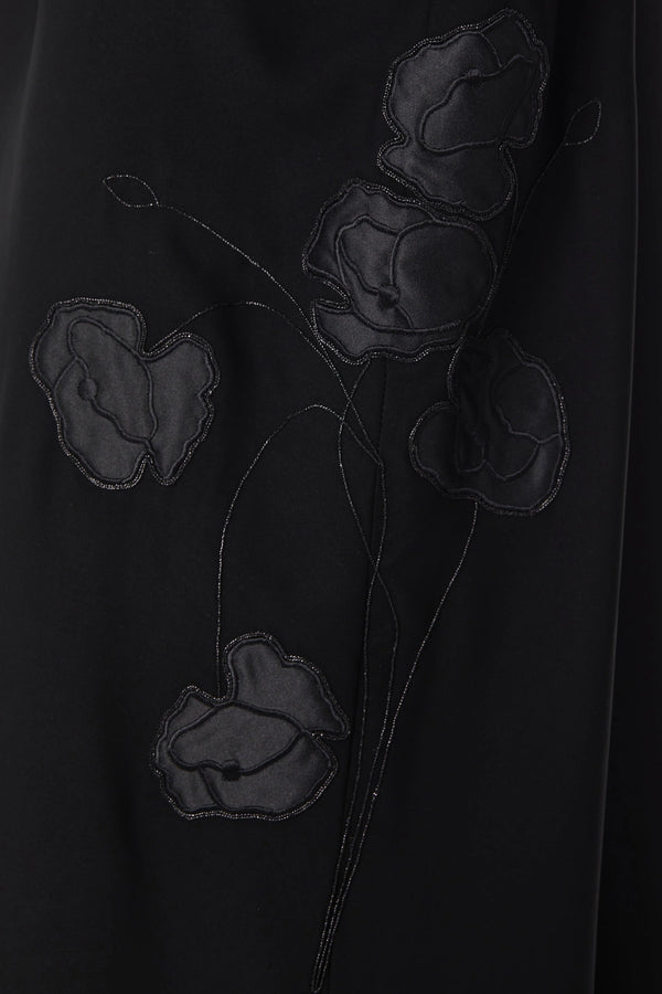 Black Aria Crepe Abaya with Side Satin Florals - Posh Abaya