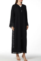 Black Malika Chiffon Abaya with Side Transparent Floral Lace - Posh Abaya