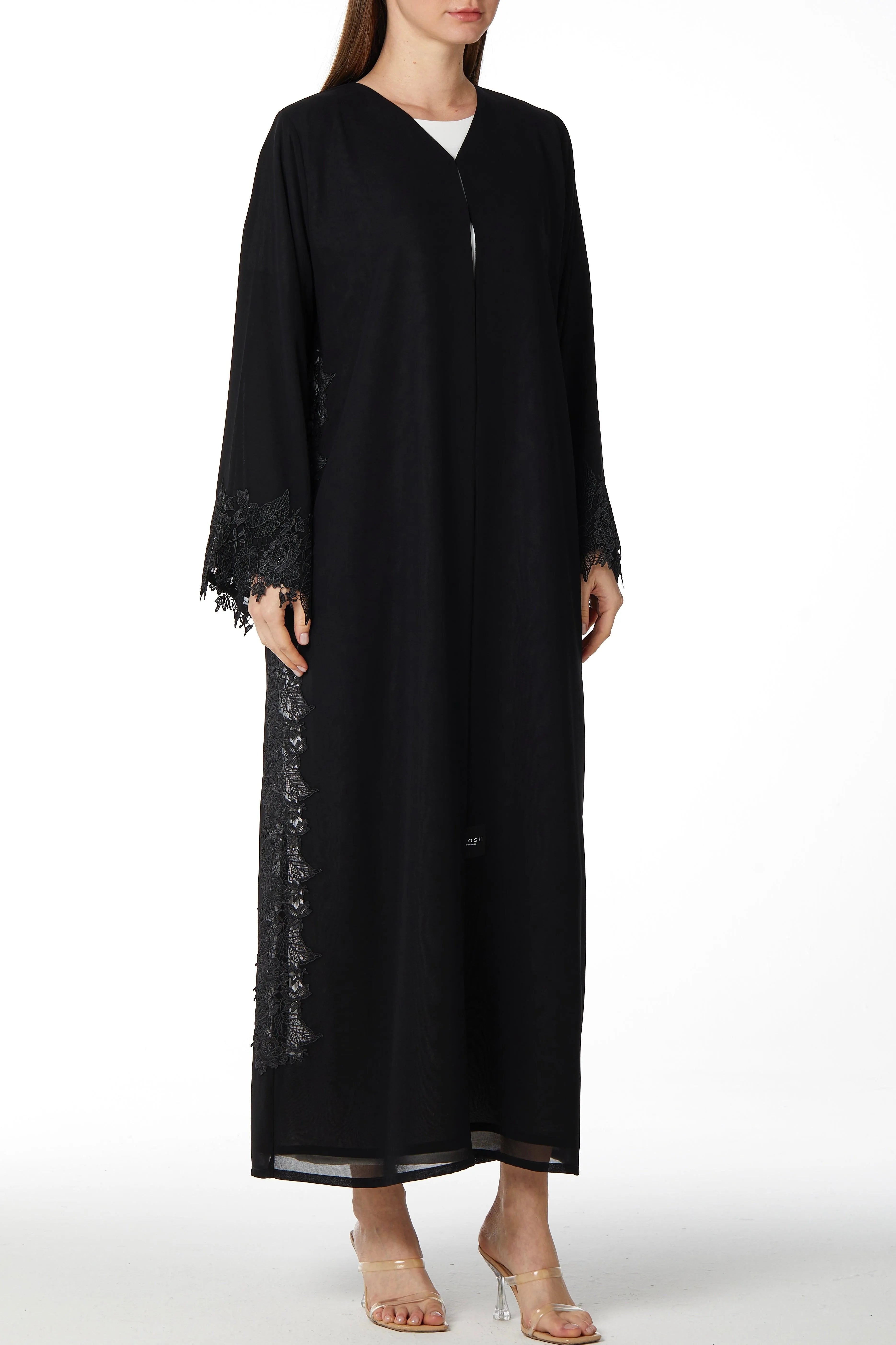 Black Malika Chiffon Abaya with Side Transparent Floral Lace - Posh Abaya