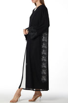 Black Malika Chiffon Abaya with Side Transparent Floral Lace - Posh Abaya