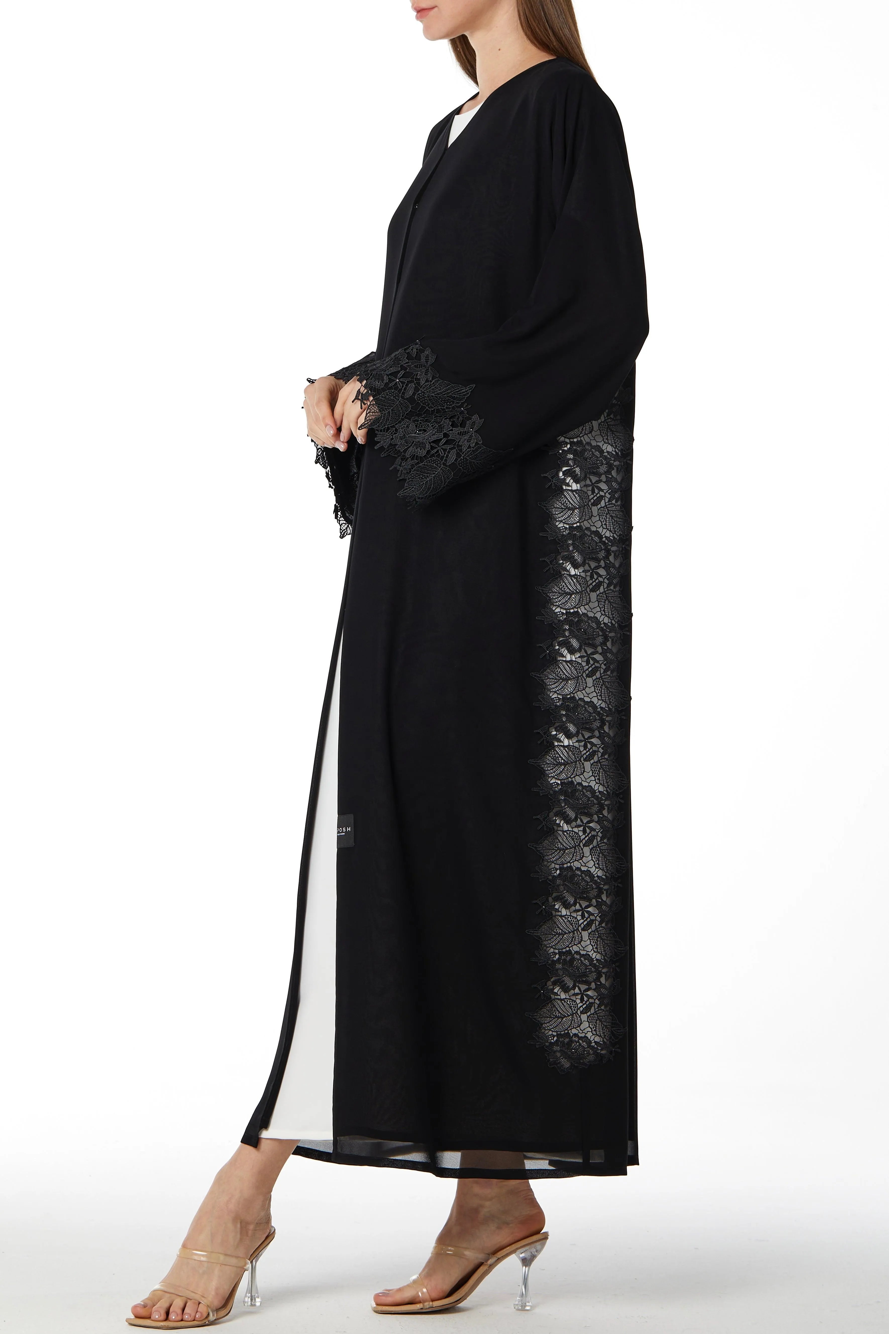 Black Malika Chiffon Abaya with Side Transparent Floral Lace - Posh Abaya