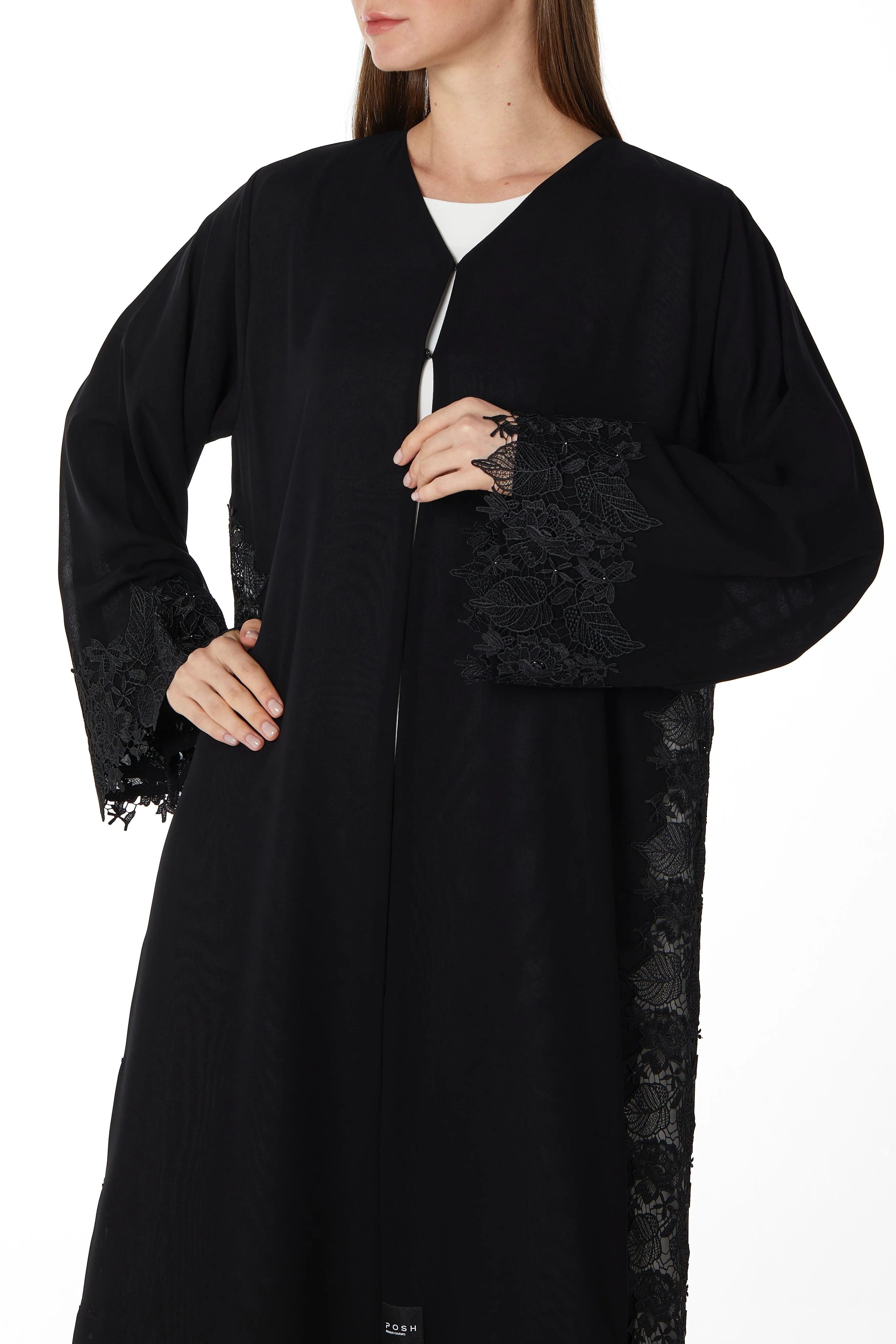 Black Malika Chiffon Abaya with Side Transparent Floral Lace - Posh Abaya