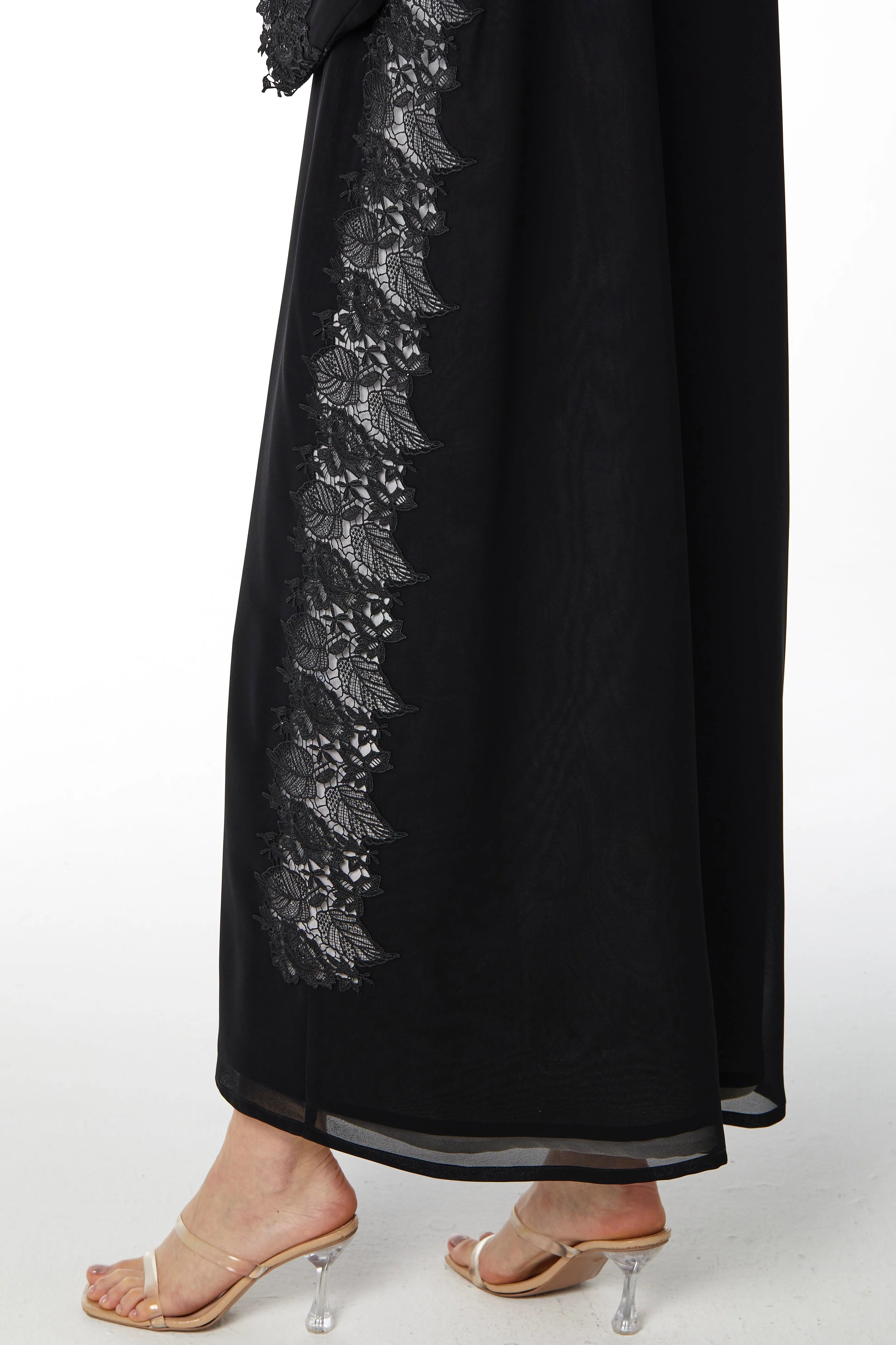 Black Malika Chiffon Abaya with Side Transparent Floral Lace - Posh Abaya
