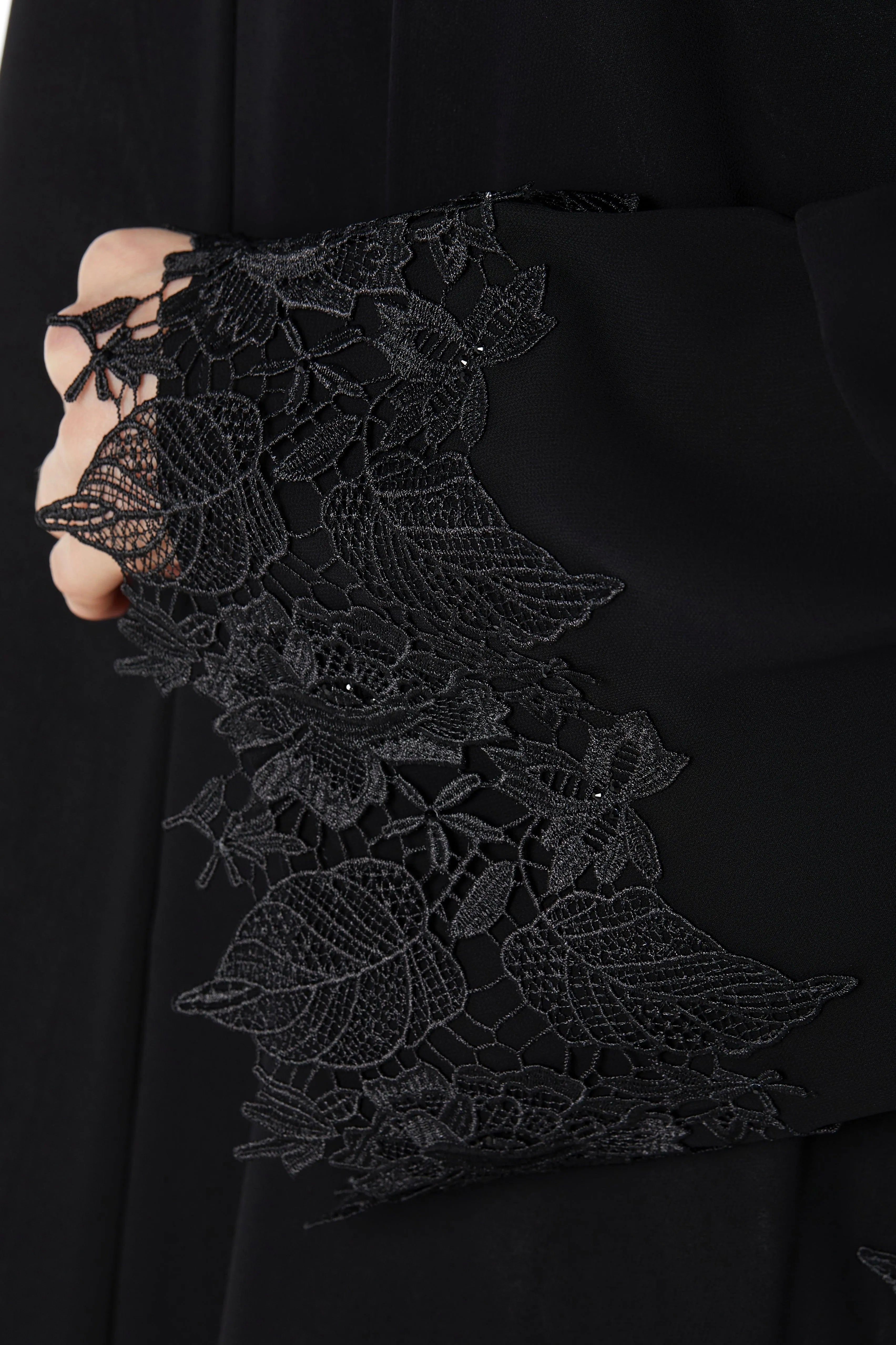 Black Malika Chiffon Abaya with Side Transparent Floral Lace - Posh Abaya