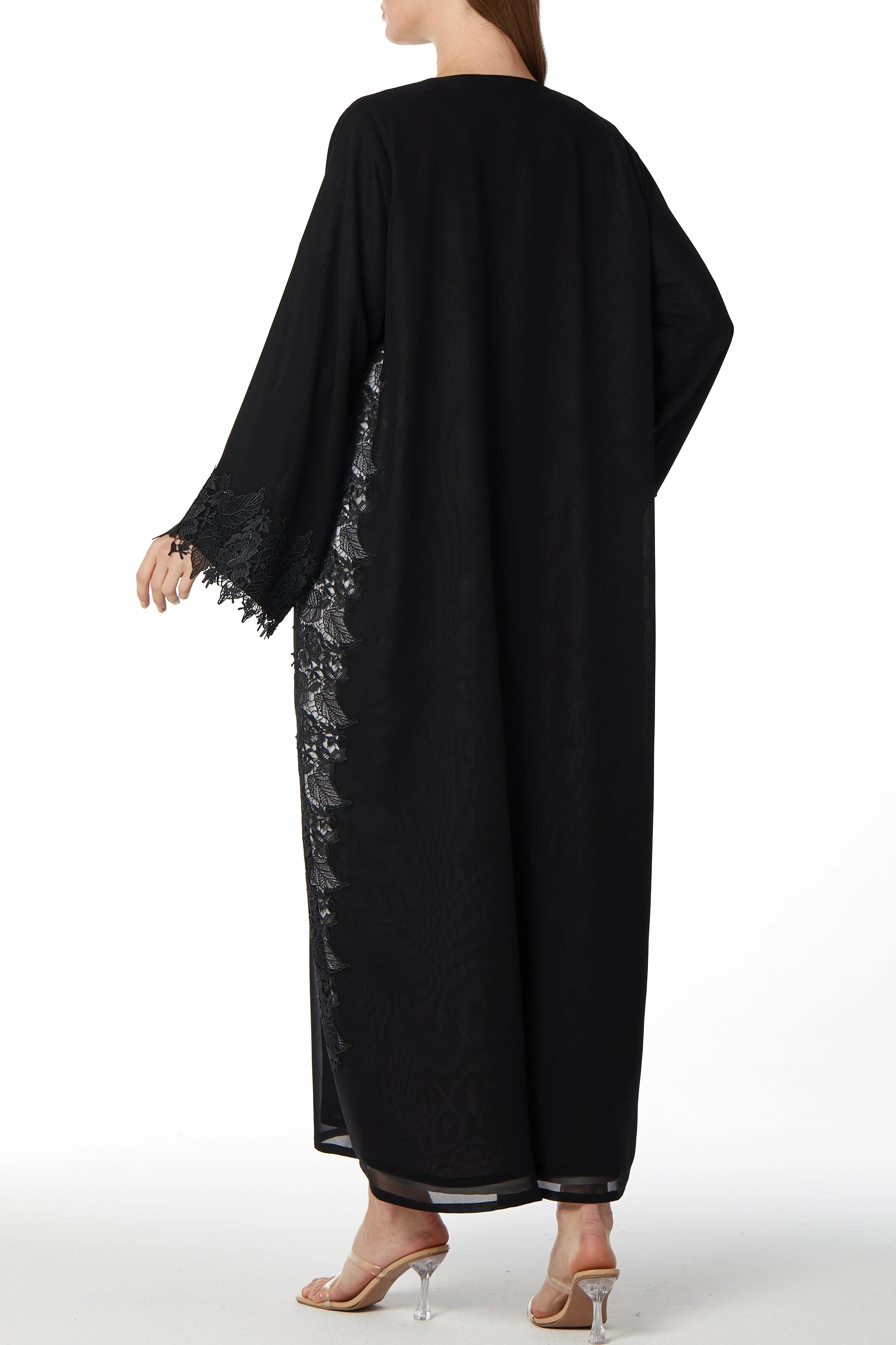 Black Malika Chiffon Abaya with Side Transparent Floral Lace - Posh Abaya