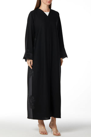 Black Classic Nada Abaya with Side Floral Lace - Posh Abaya