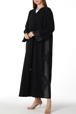 Black Classic Nada Abaya with Side Floral Lace - Posh Abaya