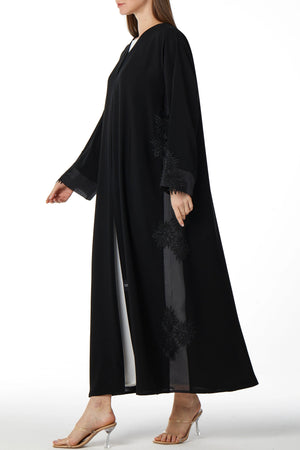 Black Classic Nada Abaya with Side Floral Lace - Posh Abaya