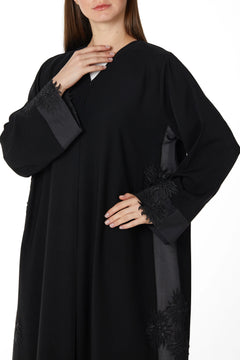 Black Classic Nada Abaya with Side Floral Lace - Posh Abaya