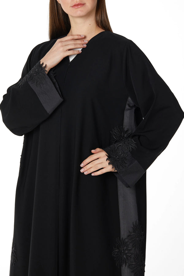Black Classic Nada Abaya with Side Floral Lace - Posh Abaya