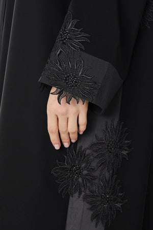 Black Classic Nada Abaya with Side Floral Lace - Posh Abaya