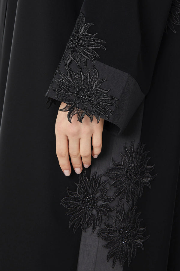 Black Classic Nada Abaya with Side Floral Lace - Posh Abaya