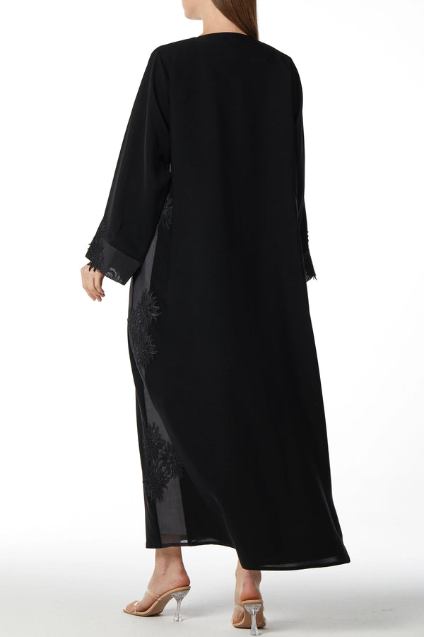 Black Classic Nada Abaya with Side Floral Lace - Posh Abaya