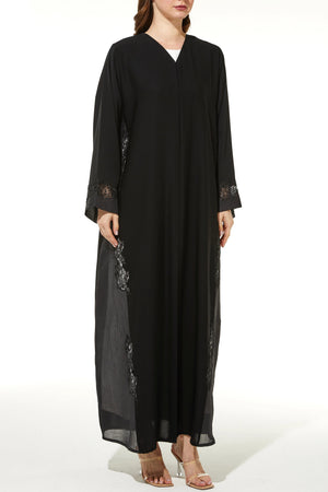 Black Classic Nada Custom Abaya with Side Floral Lace and Shiny Beadwork