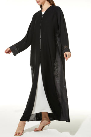 Black Classic Nada Custom Abaya with Side Floral Lace and Shiny Beadwork